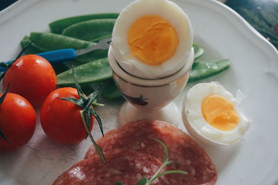 High angle view of breakfast served in tray 