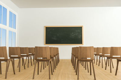 Empty chairs and table in room