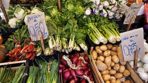 High angle view of vegetables for sale at market stall