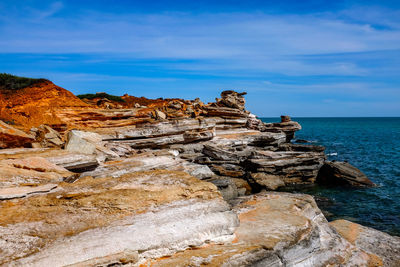 Scenic view of rock formation by sea against sky