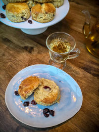 High angle view of breakfast served on table