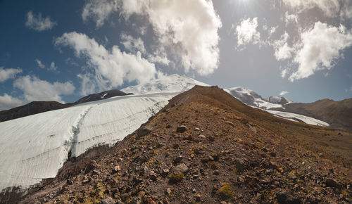 Panoramic view of snowcapped mountains against sky