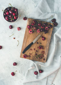 High angle view of strawberries on table