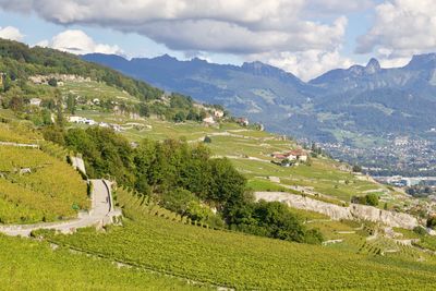 Scenic view of landscape and mountains against sky