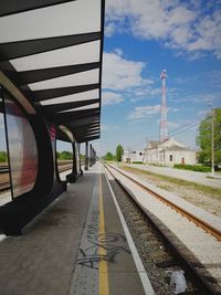 Railroad tracks amidst buildings in city against sky