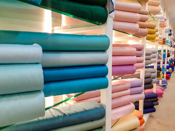Close-up of multi colored textiles for sale in store