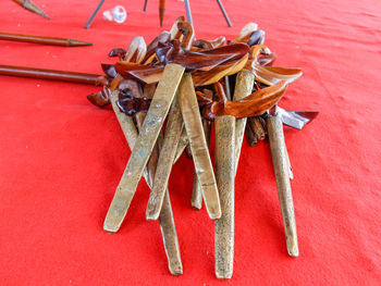 High angle view of objects on table