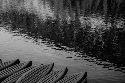 High angle view of kayaks moored by river