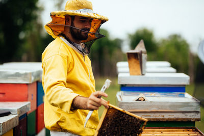 Beekeeper working over beehive at farm