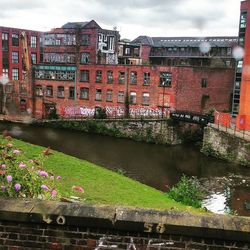 Canal in city against cloudy sky