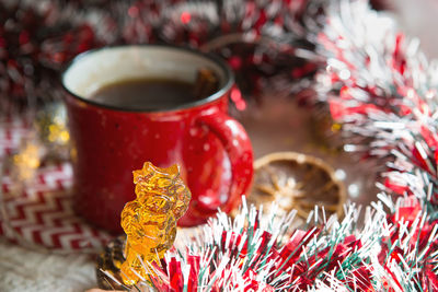 Close-up of christmas decoration on table