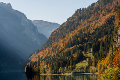 Scenic view of lake by mountains against sky