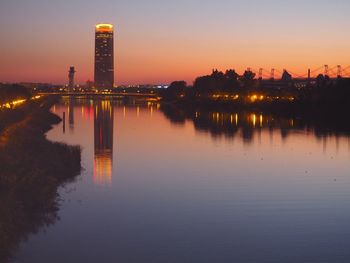 Scenic view of lake by illuminated buildings against sky during sunset