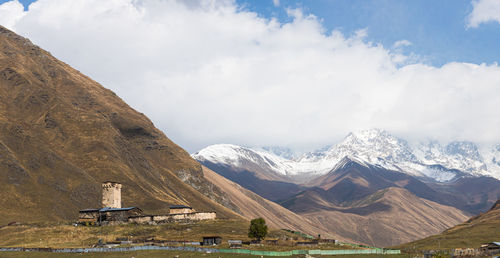 Scenic view of snowcapped mountains against sky