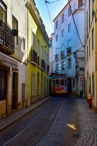 Railroad tracks amidst buildings in city