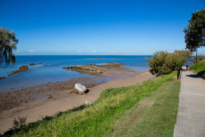 Scenic view of sea against clear blue sky