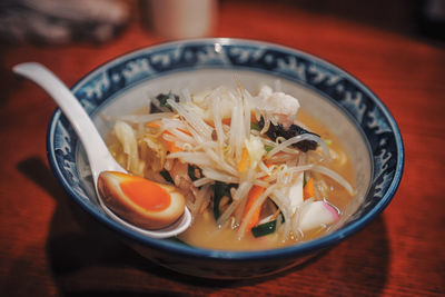 Close-up of soup in bowl on table