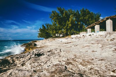 Scenic view of beach against blue sky