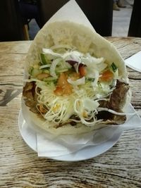 Close-up of food served on table