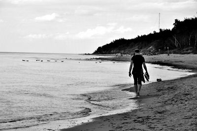 Full length of man walking on beach against sky
