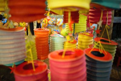 Colorful lanterns hanging in store