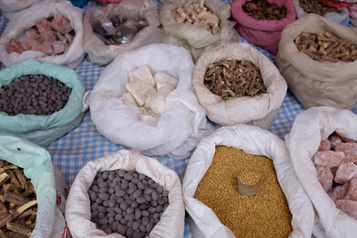 High angle view of spices for sale at market stall