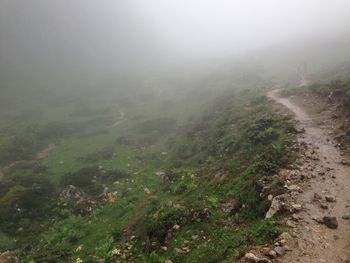 Scenic view of landscape against sky during foggy weather