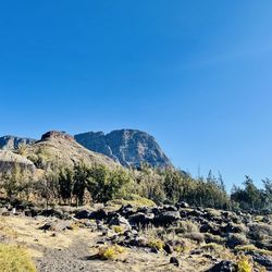 Scenic view of rocky mountains against clear blue sky