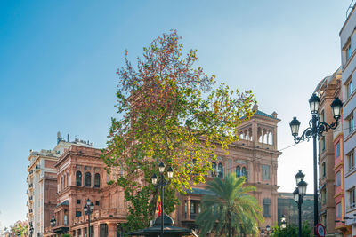 Low angle view of building and trees against sky