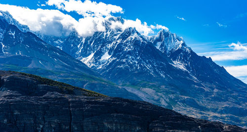 Scenic view of snowcapped mountains against sky