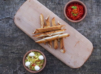 High angle view of food on cutting board