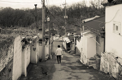 Rear view of a woman walking along buildings