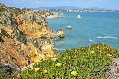 Scenic view of bay against sky