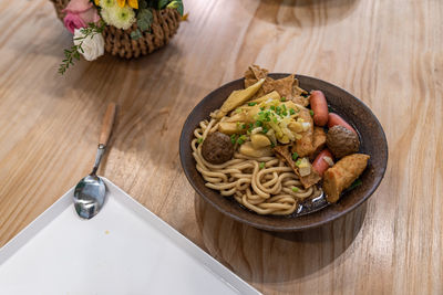 High angle view of food in plate on table