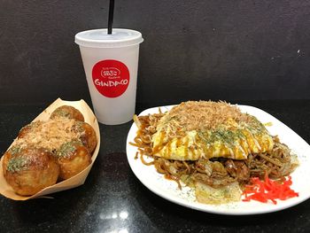 High angle view of breakfast served on table