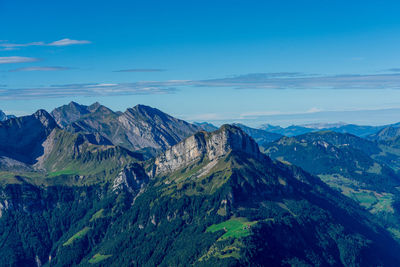 Panoramic view from fronalpstock of the swiss mountains on lake lucerne.