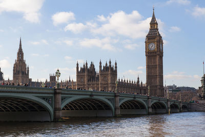 Bridge over river with city in background