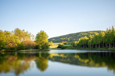 Scenic view of lake against clear sky during autumn