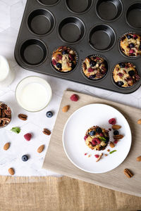 High angle view of breakfast served on table