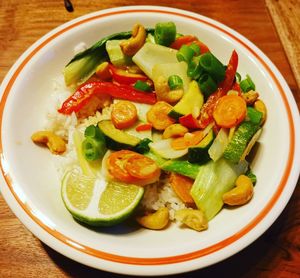 High angle view of salad in plate on table