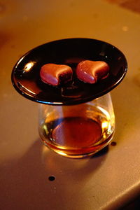 High angle view of drink in glass on table