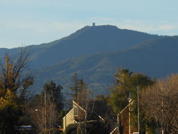 View of trees and buildings against mountain range