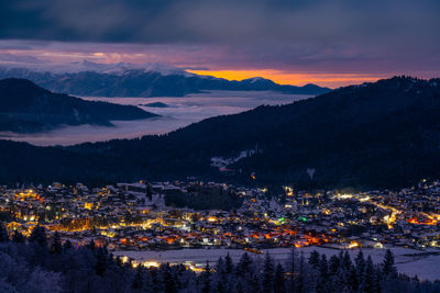 High angle view of townscape against sky during sunset