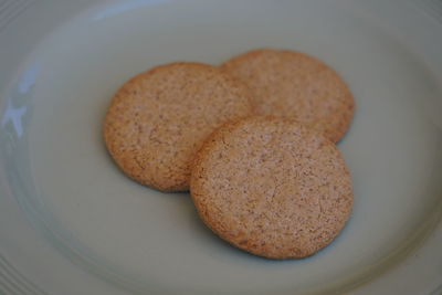 High angle view of cookies in plate