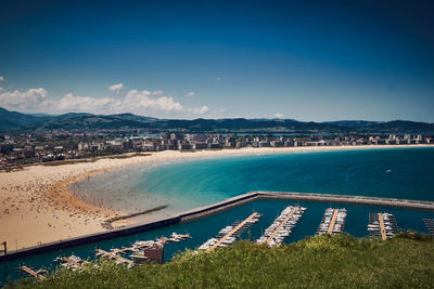 High angle view of beach against blue sky