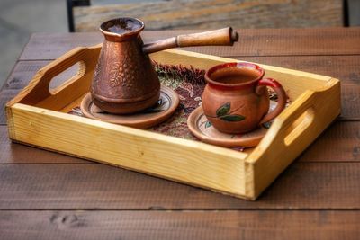 High angle view of containers on table