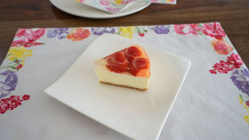 High angle view of cake in plate on table