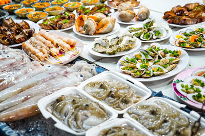 Street food on phu quoc island in vietnam. delicious seafood for tourist at market at night.