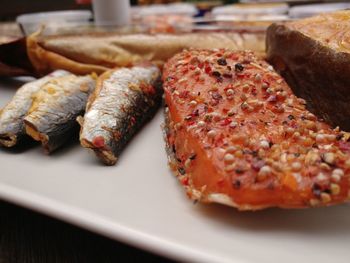 Close-up of meat in plate on table