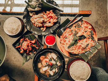 High angle view of food served on table
